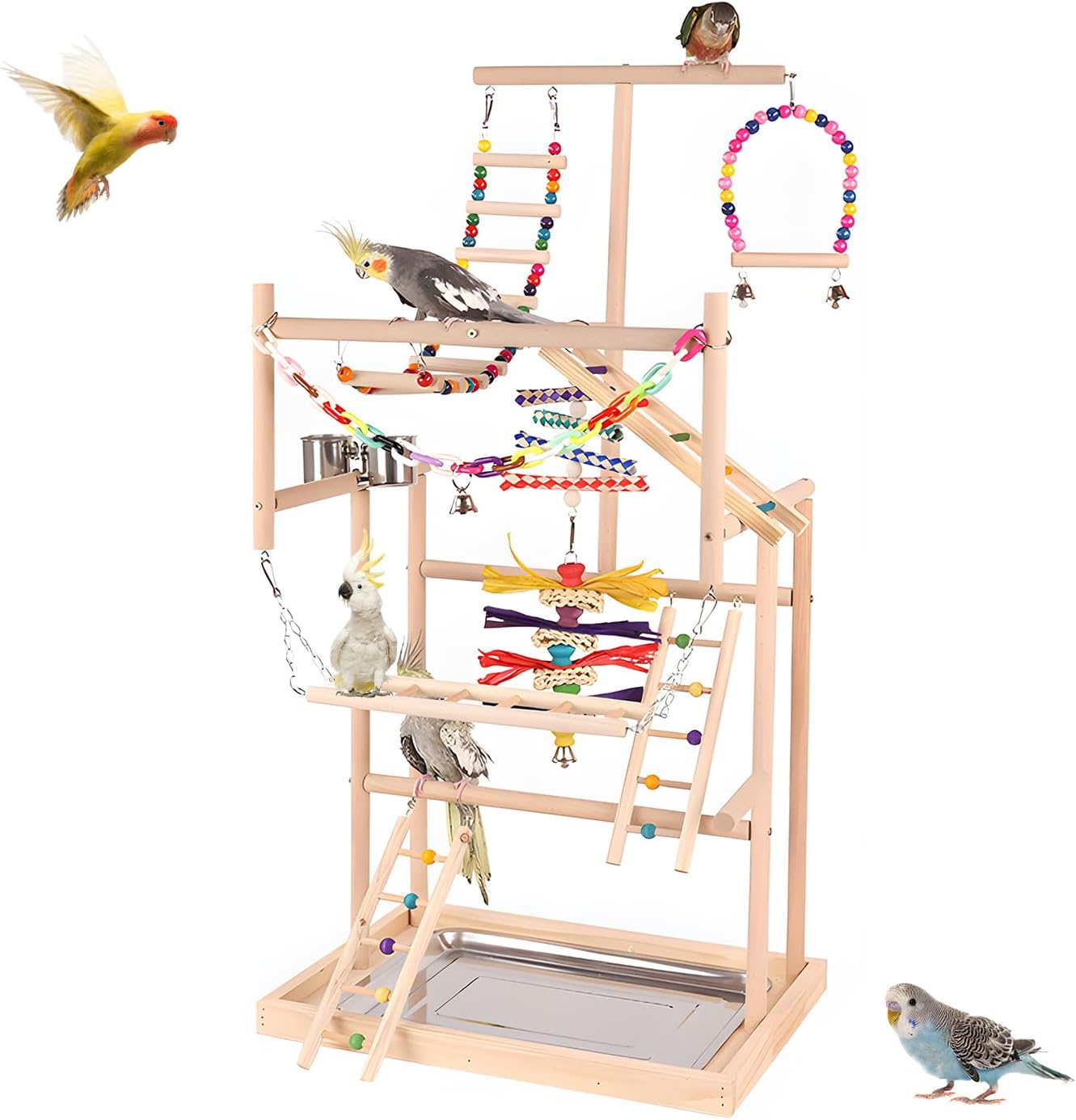 Bird Playground, Bird Stand, Pet Bird Parrot Playground, 4 Layers Pet Parrot Playstand with Exercise Toys Swings Feeder Cups, Bird Play Stand Wood Perch Gym Playpen Ladder for Cockatiel Parakeet Furr-Reel