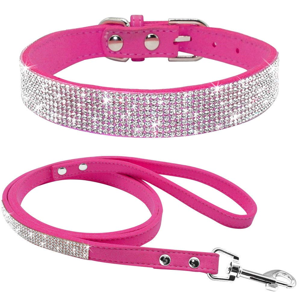 haoyueer Haoyueer Cute Dazzling Sparkling Elegant Fancy Soft Suede Leather Bling Rhinestone Crystal Jeweled Pet Cat Dog Puppy Collar Dog Leash Combo Set (XS,Pink-5)