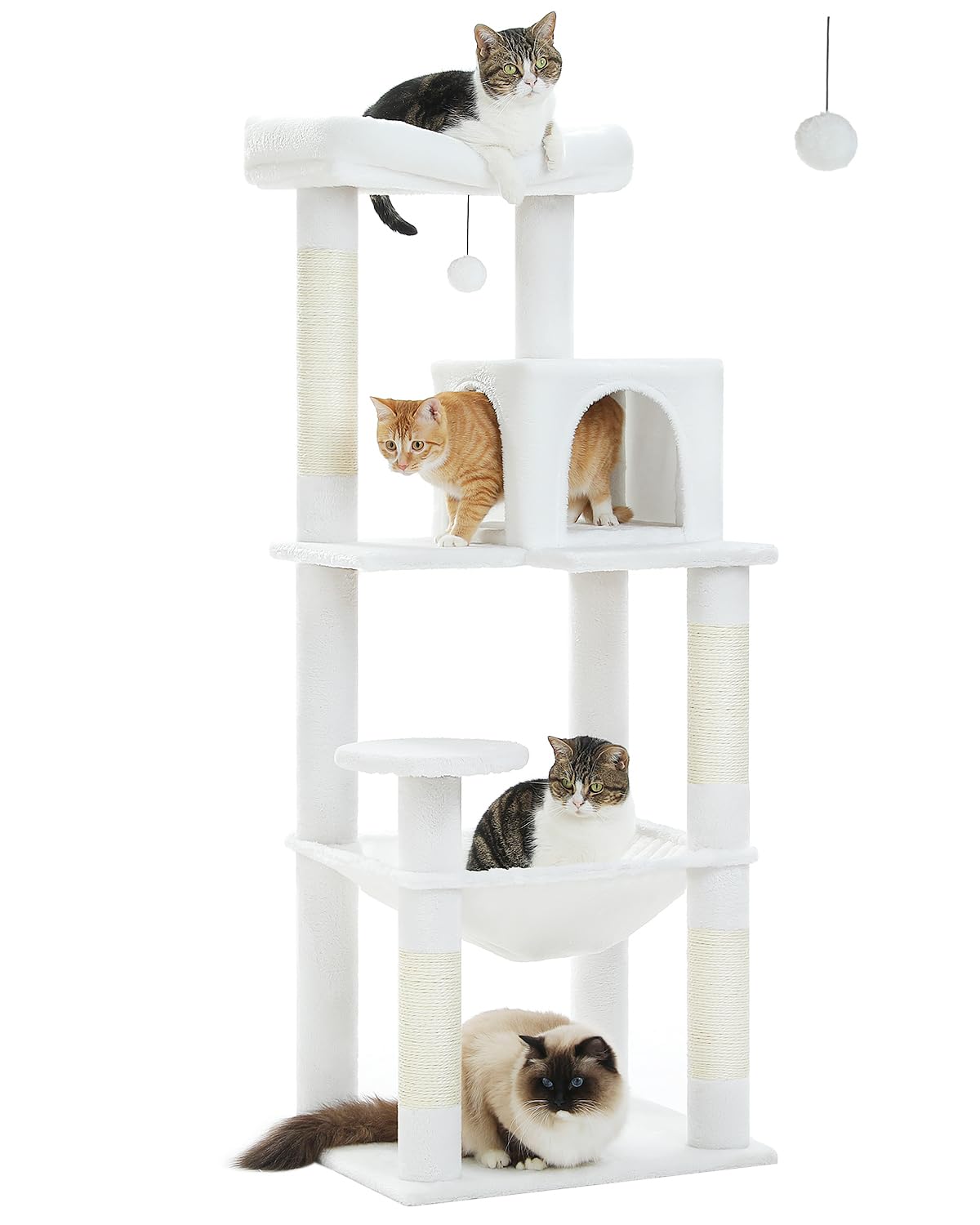 PEQULTI Cat Tree for Large Cats with Super Large Top Perch, [56.3"=143cm] Tower for Indoor Cats with Hammock and Sleeping Bag, Cat Shelves with Scratching Posts and 2 Condos Houses Grey