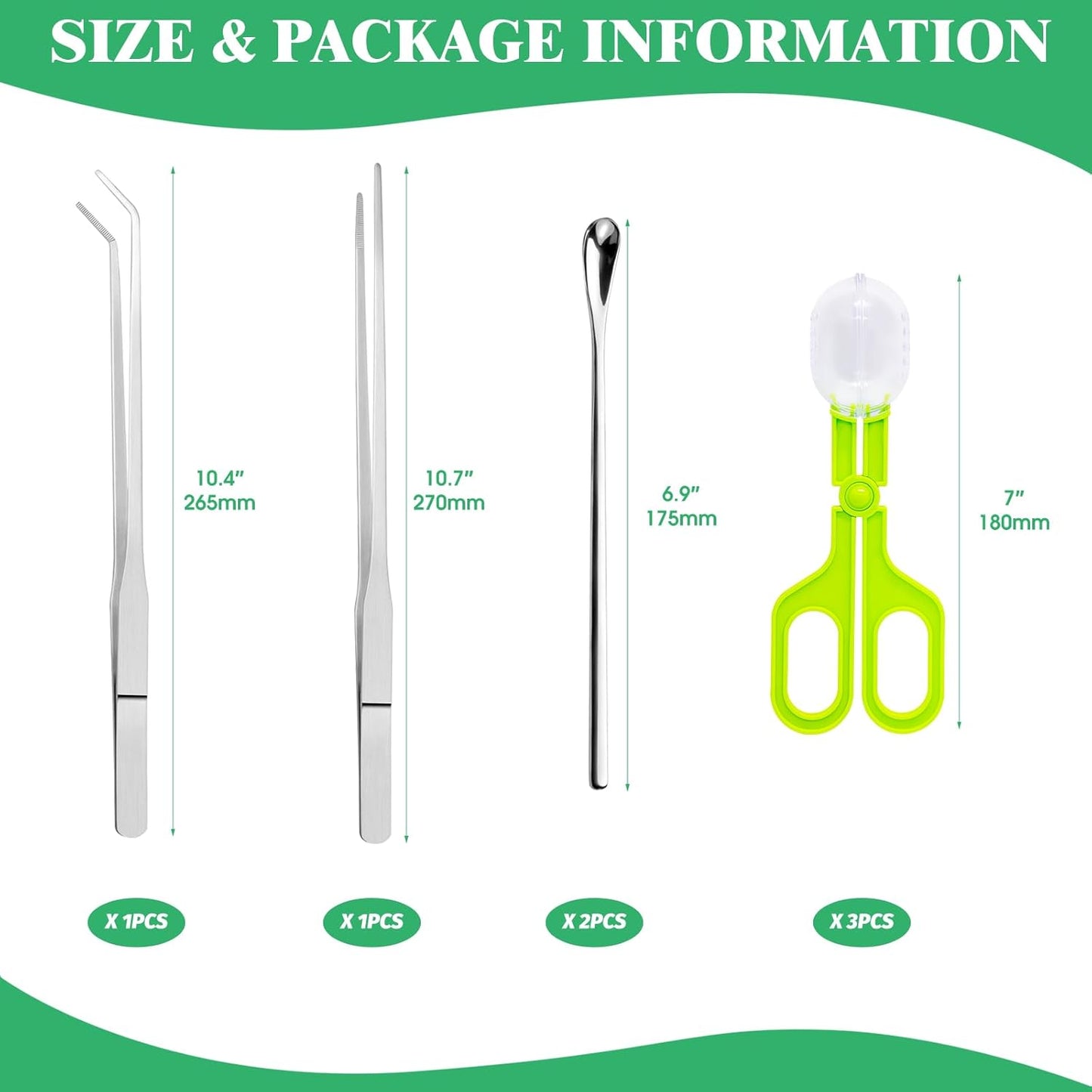 Yauhar 7Pcs Reptile Feeding and Cleaning Tool Set Contains Stainless Steel Long Tongs Tweezers with Rubber Tip, Feed Clamp and Scoop for Tortoise Lizard Frog Spider Crested Gargoyle Bearded Dragon