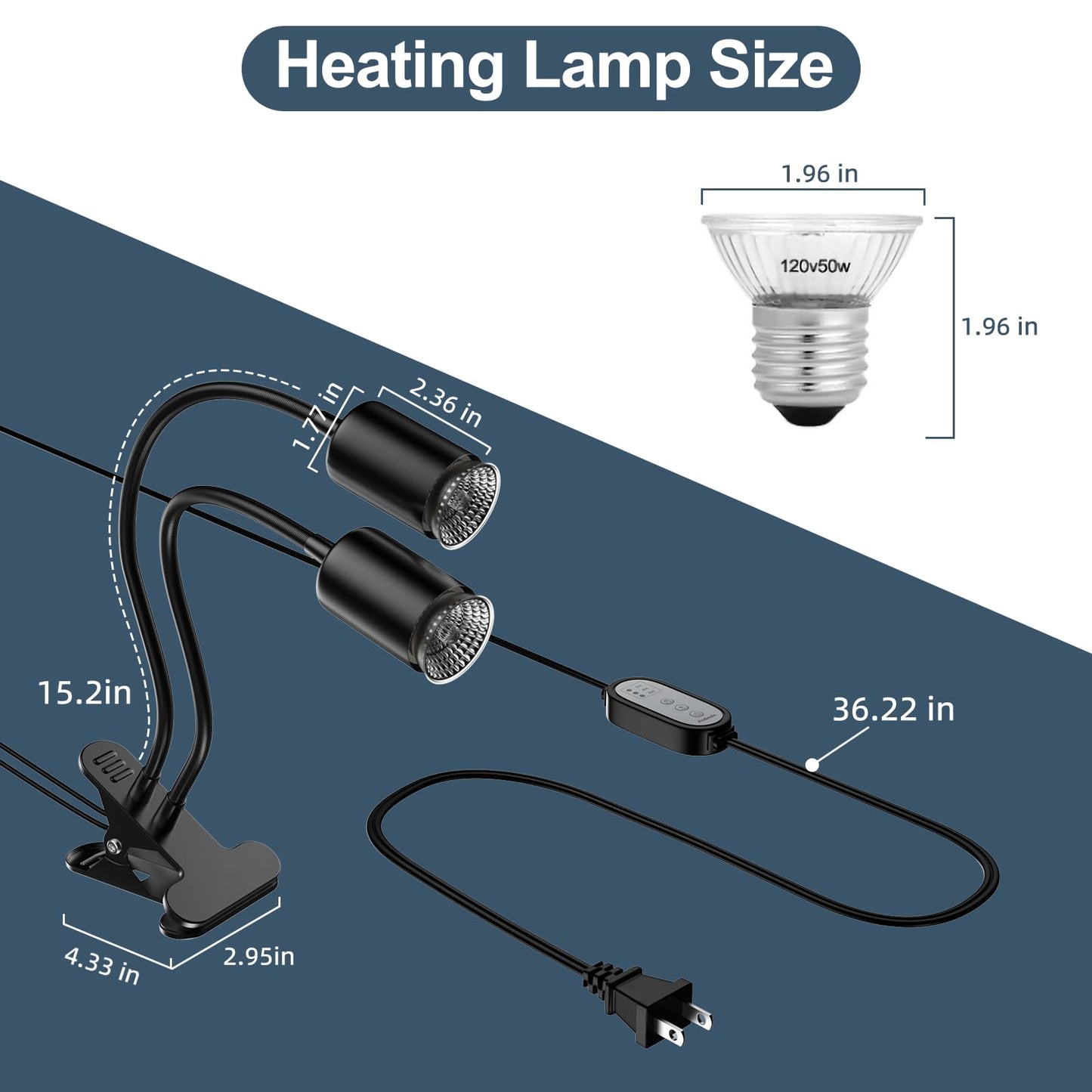 Petboda Reptile Heat Lamp, Dual Head UVA/UVB Reptile Light with Cycle Timer, Dimmable Basking Light for Turtle Tortoise Lizard Snake Bearded Dragon and More, 4 Bulbs Included (Black) - Furr-Reel