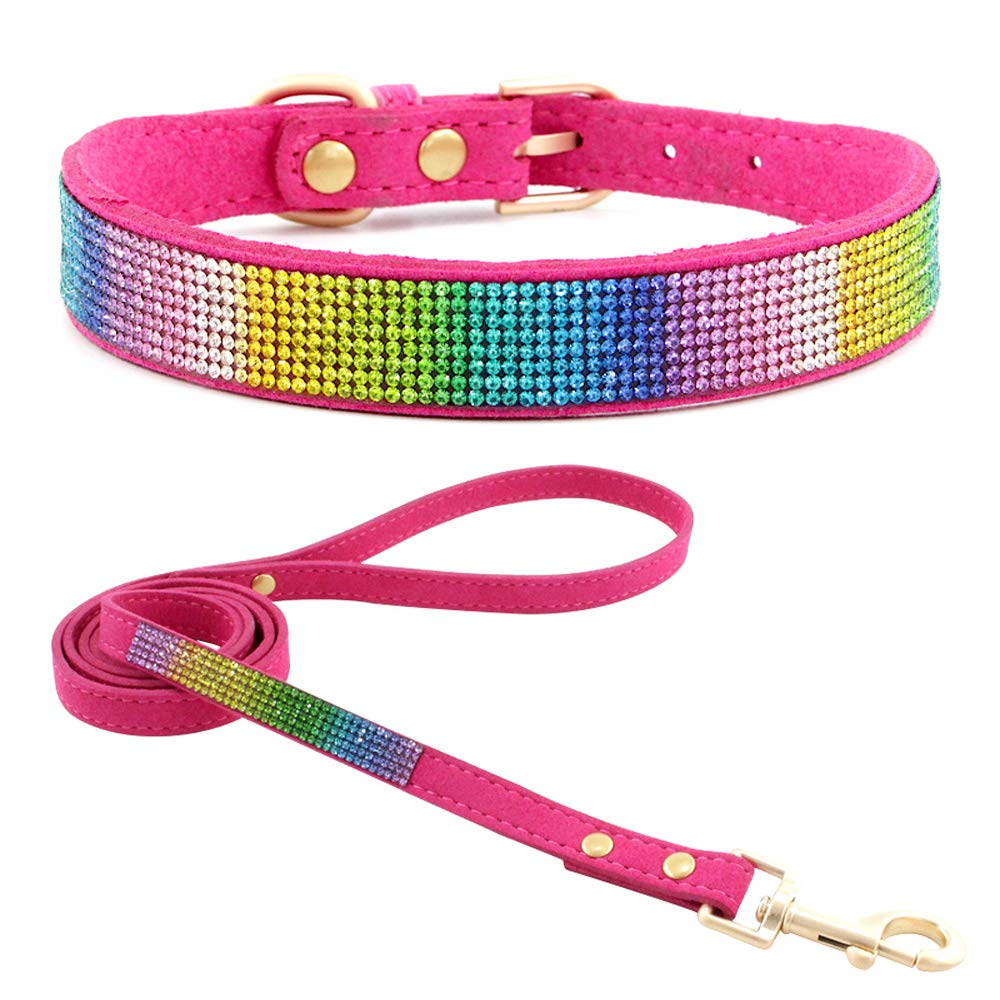 haoyueer Haoyueer Cute Dazzling Sparkling Elegant Fancy Soft Suede Leather Bling Rhinestone Crystal Jeweled Pet Cat Dog Puppy Collar Dog Leash Combo Set (XS,Pink-5)