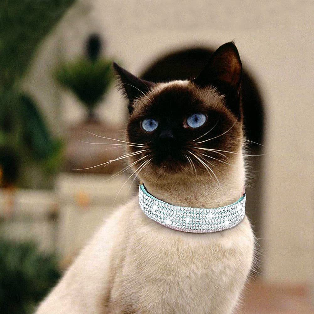 haoyueer Rhinestones Dog Cat Collars with Bell Bling Pet Puppy Collars with Soft Velvet Crystal Collars Girl Jeweled Necklace (Blue) … - Furr-Reel