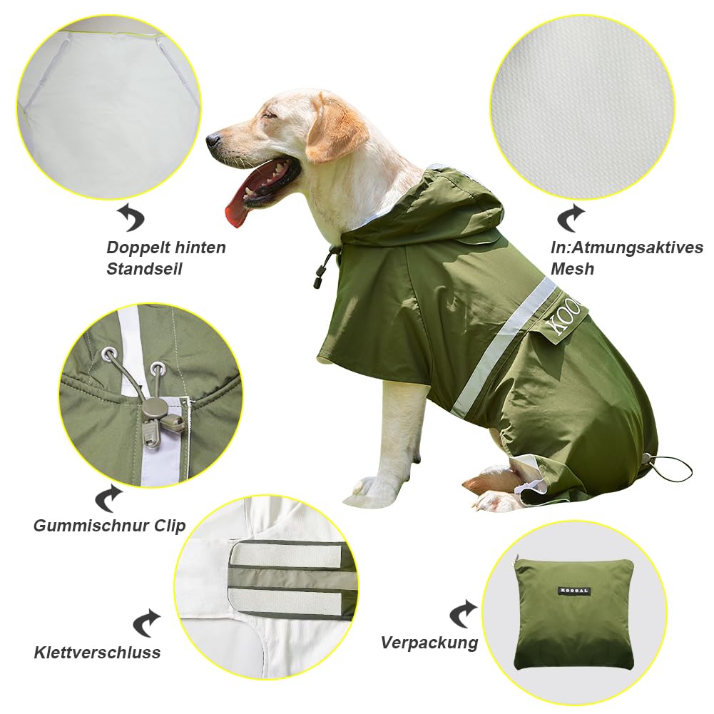 KOOGAL Pet Large Dog Raincoat Apparel Poncho Waterproof for Medium Large Sized for Dog Raincoat Clothes，Dog Rain Jacket,Pet Dog Clothes,Raincoats Coat (Green, 2XL)
