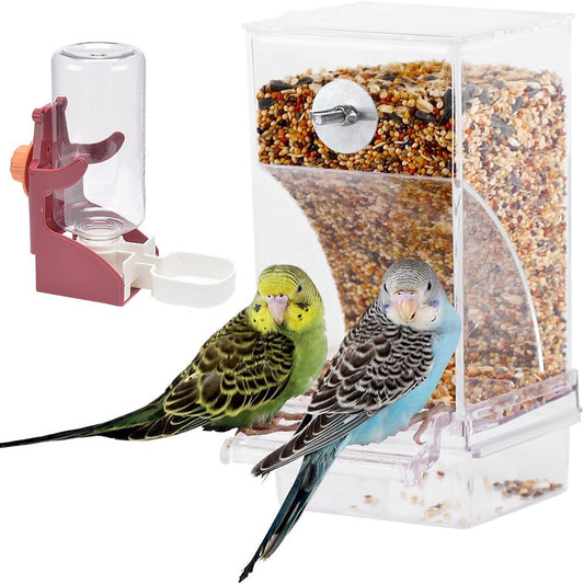 Transparent Acrylic Automatic Bird Feeder for Cage and Bird Water Dispenser, No Mess Bird Feeder, Parakeet Seed Container Food Feeder Drinker for Parrot Feeder Cage Accessories, Cockatiel Canary