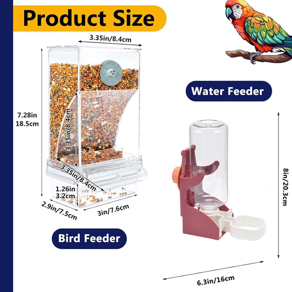 Transparent Acrylic Automatic Bird Feeder for Cage and Bird Water Dispenser, No Mess Bird Feeder, Parakeet Seed Container Food Feeder Drinker for Parrot Feeder Cage Accessories, Cockatiel Canary