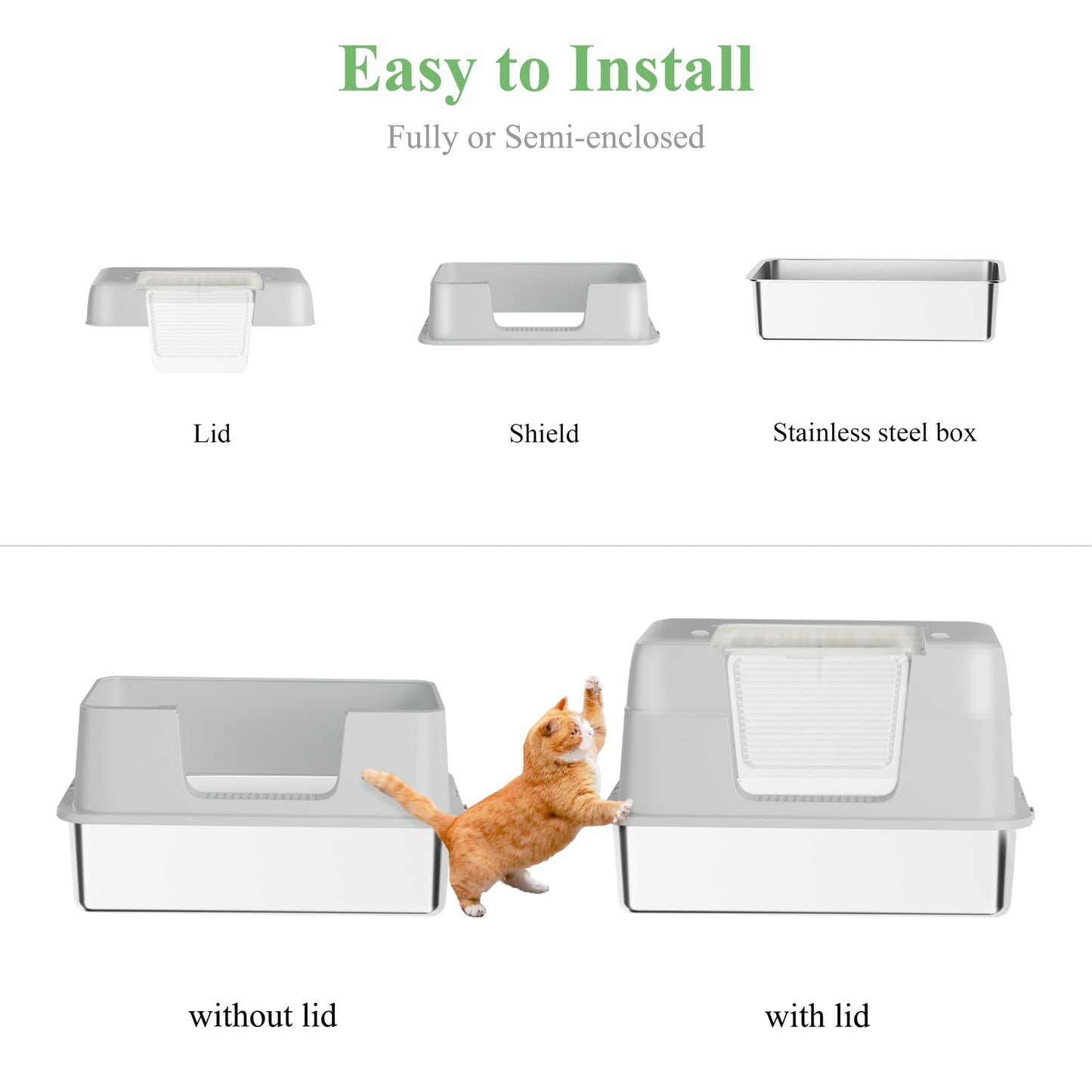 TENTIZON Stainless Steel Cat Litter Box, Extra Large Enclosed Kitty Litter Box with Removable Lid, Scoop, Pedal, XL High Sided Metal Litter Pan for Kitten, Big Cats Up to 11KG