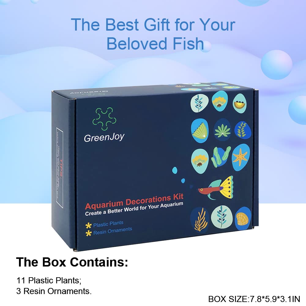 14 Pack Aquarium Aquatic Fish Tank Decorations Decor Set with Wood Cave, Tree Trunk Barrel Hideouts, Artificial Plastic Plants and Starfish Resin Ornament Fish Aquarium Accessories (Pink-Gift Box)