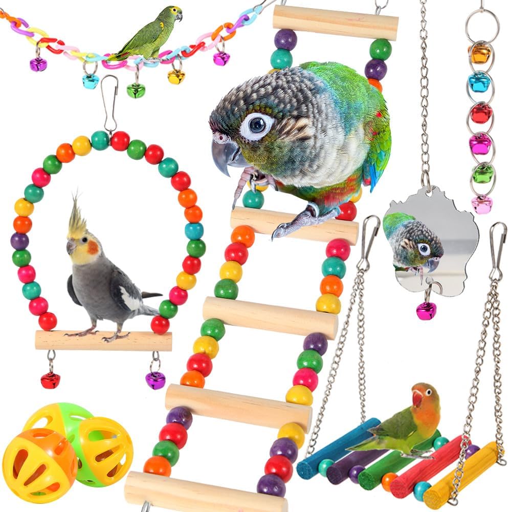 YIXUND Bird Toys for Parakeets, Parrots, Conures, Cockatiels, Love Birds, Finches, Mynah, Budgerigar - 9Pcs Wooden Ladder Bridge, Swing, Hammock, Cage Accessories