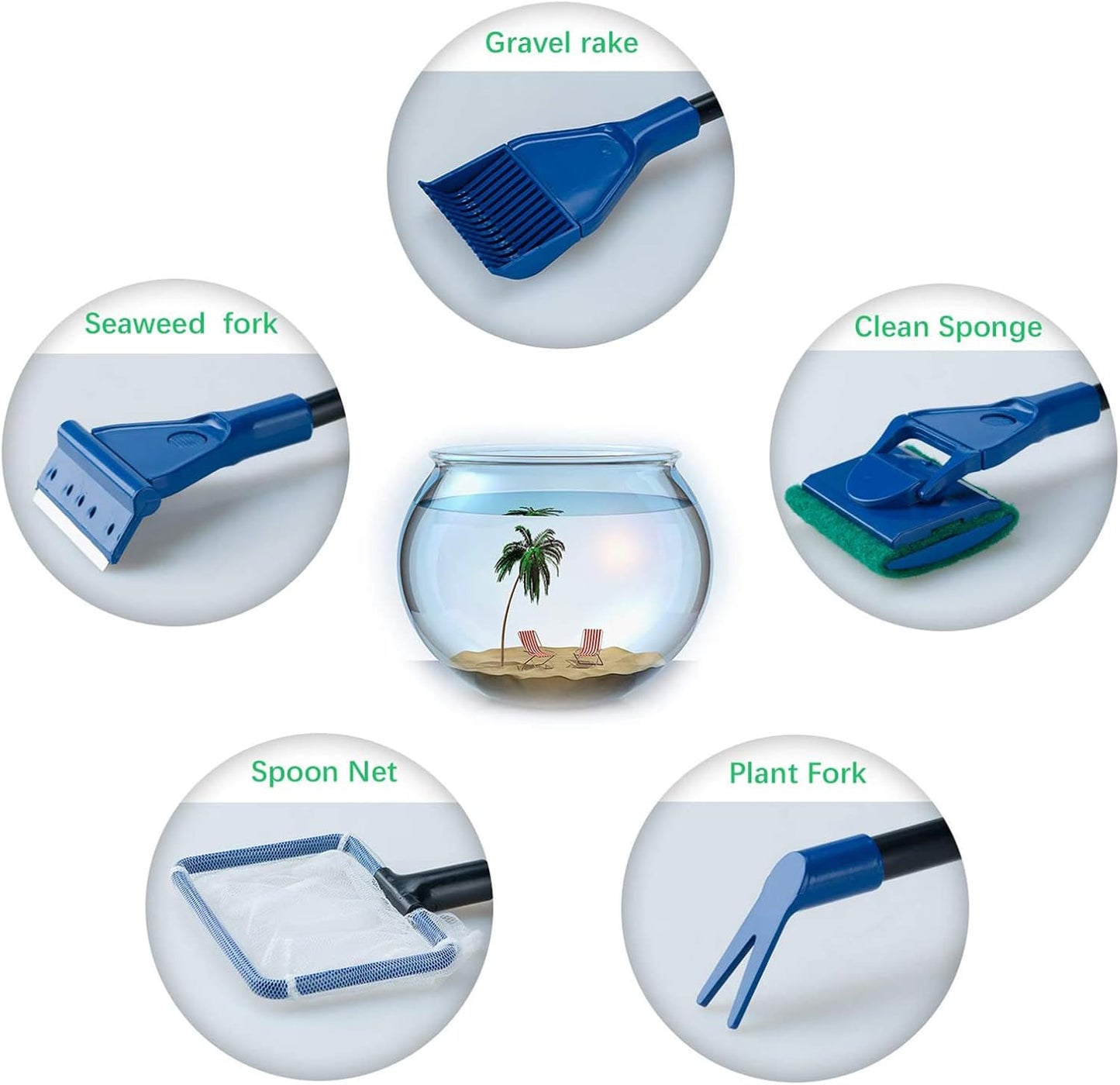 Lycheer 5 in 1 Professional Aquarium Fish Tank Cleaning Kit Fish Net + Rake + Scraper + Fork + Sponge Brush Glass Aquarium Cleaner Tool Set Wonderful Christmas Xmas Gift