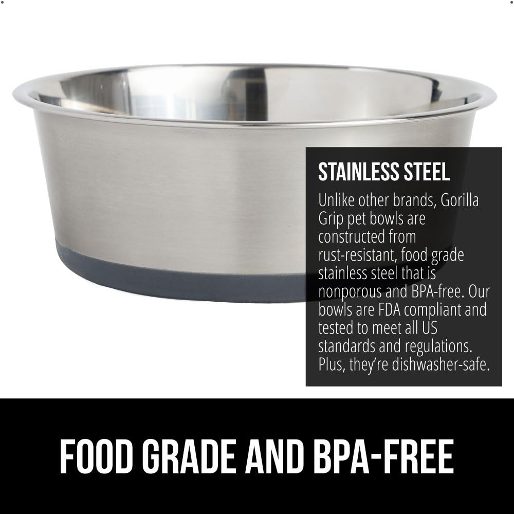 GORILLA GRIP Stainless Steel Metal Dog Bowl Set of 2, Rubber Base, Heavy Duty, Rust Resistant, Food Grade BPA Free, Less Sliding, Quiet Pet Bowls for Cats and Dogs, Holds 2 Cups (16 fl oz), Black