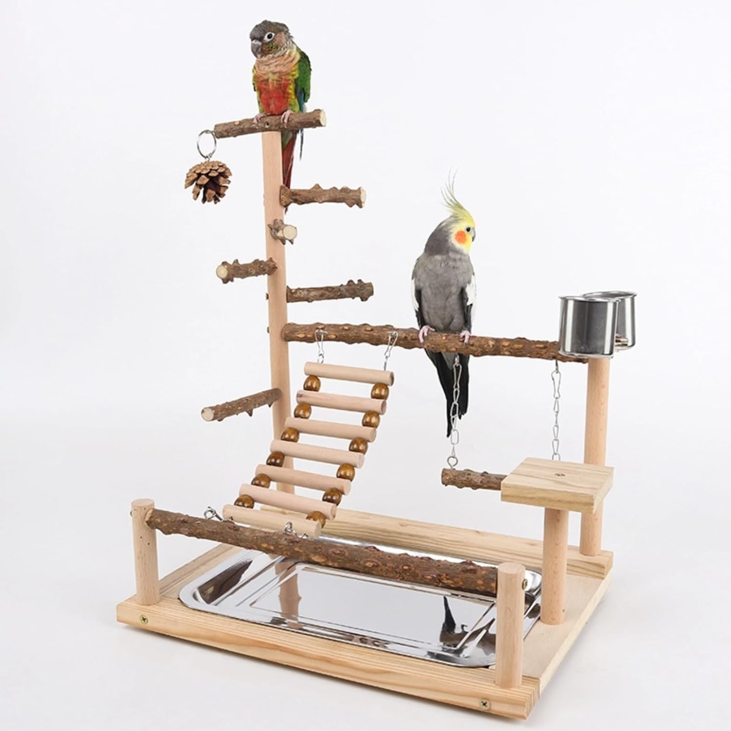 Parrots Bird Wooden Playstand, Birdcage Playground Play Gym, Birds Activity Stand Wood Perch Gym with Feeder Cup and Tray, Parrot Playstand Bird Perches for Pets Birds Play Furr-Reel