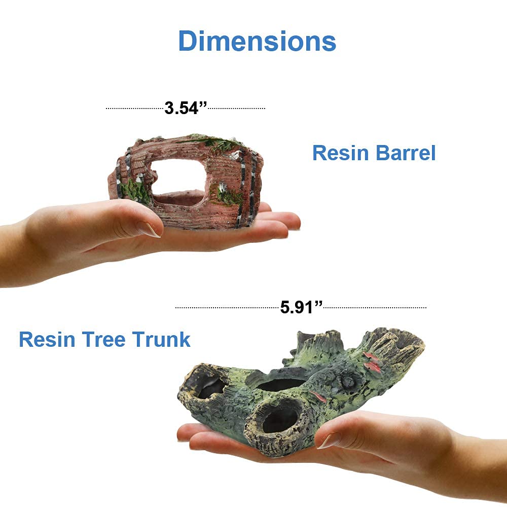 14 Pack Aquarium Aquatic Fish Tank Decorations Decor Set with Wood Cave, Tree Trunk Barrel Hideouts, Artificial Plastic Plants and Starfish Resin Ornament Fish Aquarium Accessories (Pink-Gift Box)