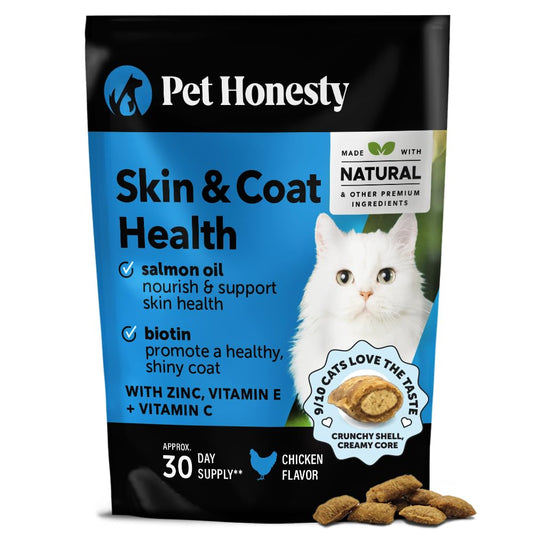 Pet Honesty Cat Skin & Coat Health Chews - Omegas, Vitamin C + E, Biotin Supplement, Soothes Skin and Promotes Shiny Coat, Cat Supplements & Vitamins - Chicken (30-Day Supply)