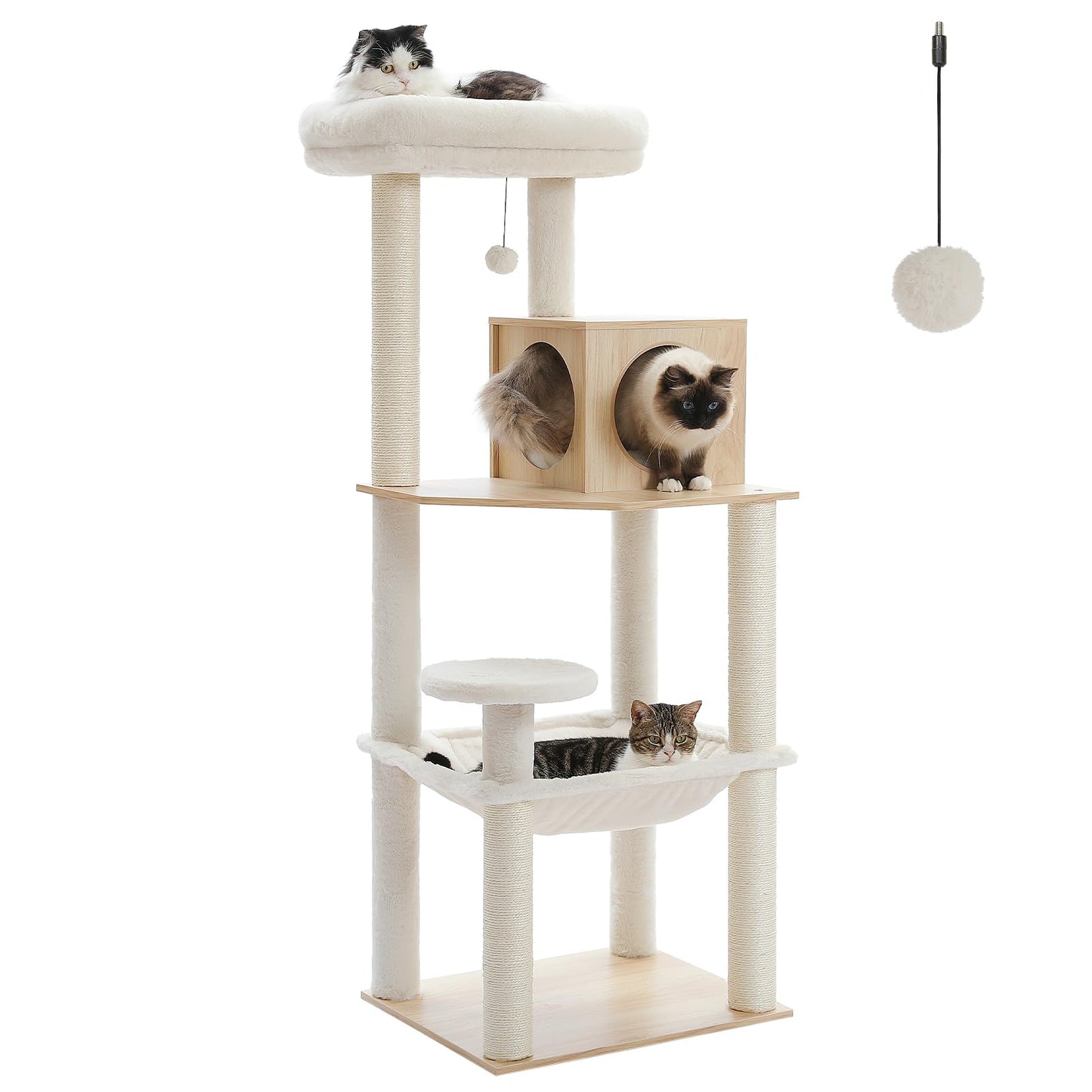 PEQULTI Cat Tree for Large Cats with Super Large Top Perch, [56.3"=143cm] Tower for Indoor Cats with Hammock and Sleeping Bag, Cat Shelves with Scratching Posts and 2 Condos Houses Grey
