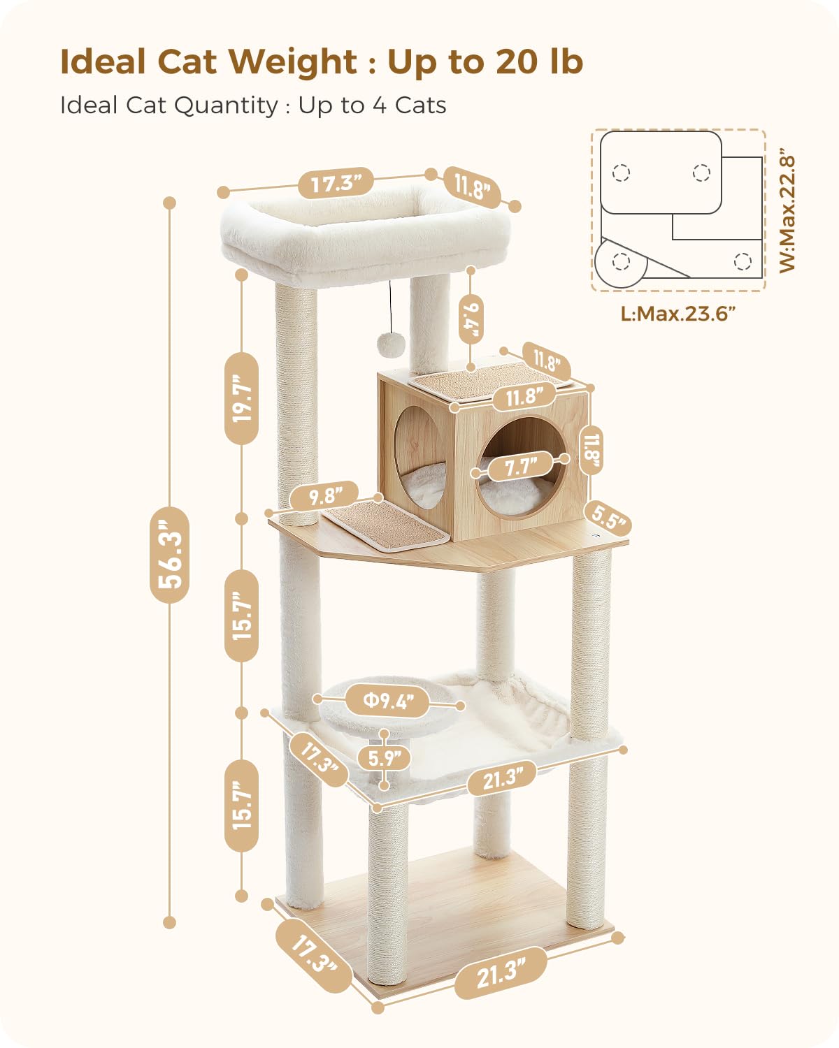 PEQULTI Cat Tree for Large Cats with Super Large Top Perch, [56.3"=143cm] Tower for Indoor Cats with Hammock and Sleeping Bag, Cat Shelves with Scratching Posts and 2 Condos Houses Grey