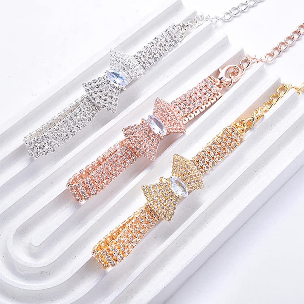 Earssa Cute Diamond Dog Collar Cat Rhinestone Necklace with Bow tie Adjustable Collar Pet Decorative with Bling Crystal Bow (Small,Silver)