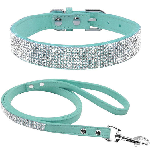haoyueer Haoyueer Cute Dazzling Sparkling Elegant Fancy Soft Suede Leather Bling Rhinestone Crystal Jeweled Pet Cat Dog Puppy Collar Dog Leash Combo Set (XS,Pink-5)