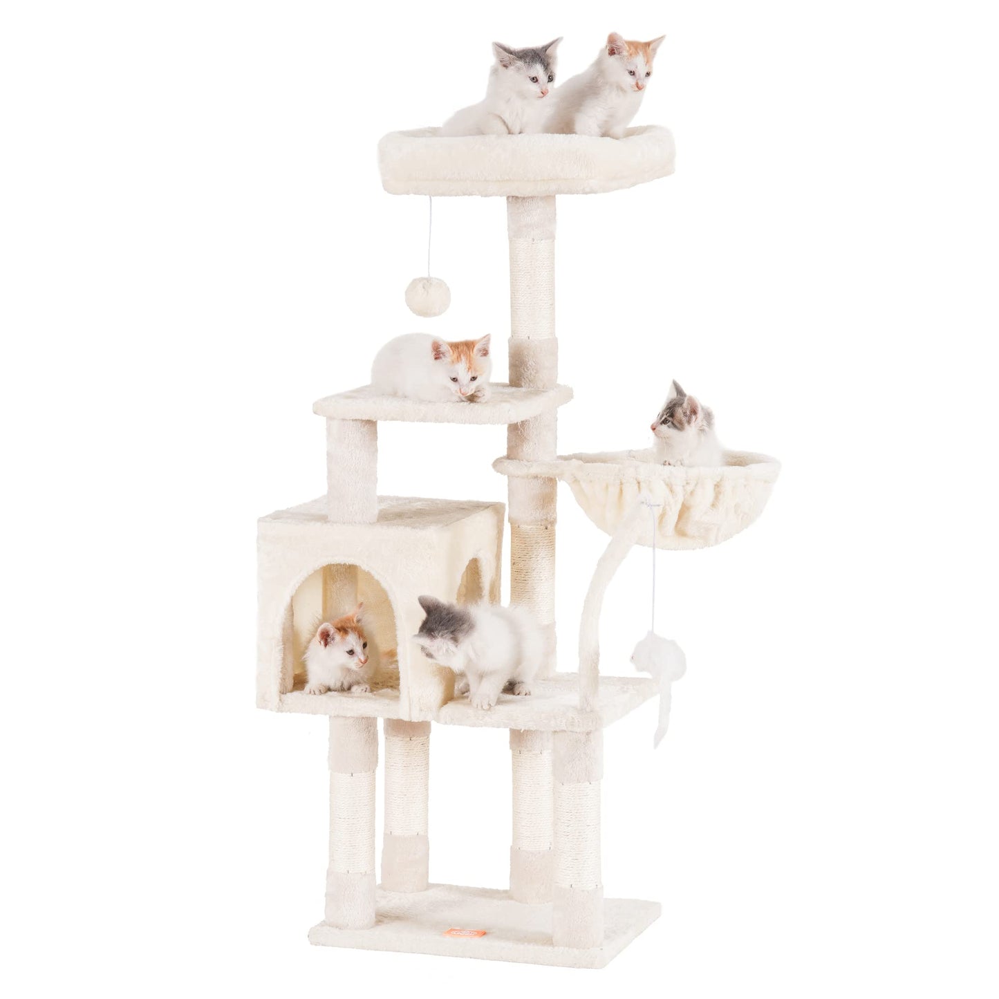 Heybly Cat Tree with Toy, Cat Tower condo for Indoor Cats, Cat House with Padded Plush Perch, Cozy Hammock and Sisal Scratching Posts, Light Gray HCT004SW