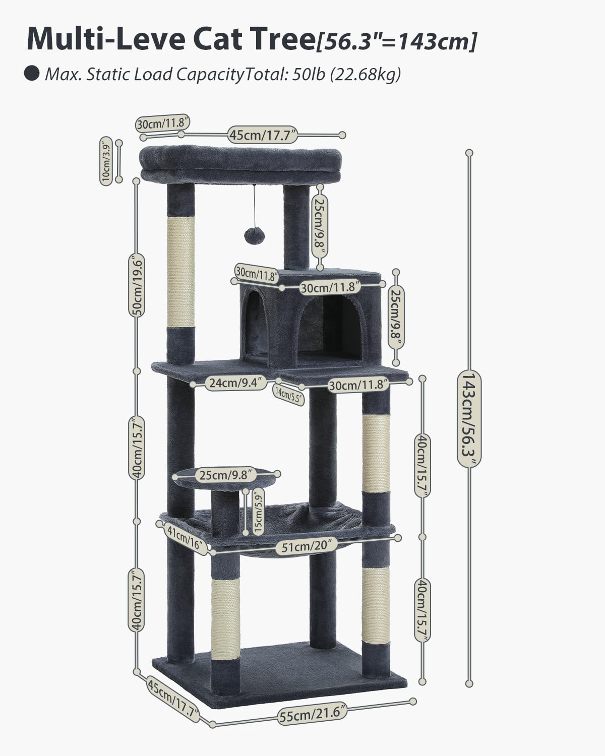 PEQULTI Cat Tree for Large Cats with Super Large Top Perch, [56.3"=143cm] Tower for Indoor Cats with Hammock and Sleeping Bag, Cat Shelves with Scratching Posts and 2 Condos Houses Grey