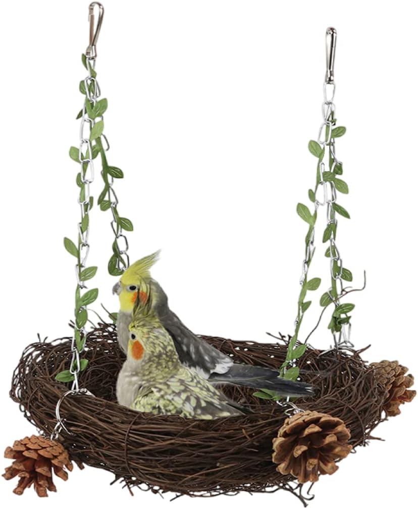 Barn Eleven Natural Rattan Nest Small Medium Large Bird Swing for Parrot Parakeet Cockatiel Conure Cockatoo Macaw African Grey Lovebird Finch Canary Budgie Cage Perch Toy (Large)