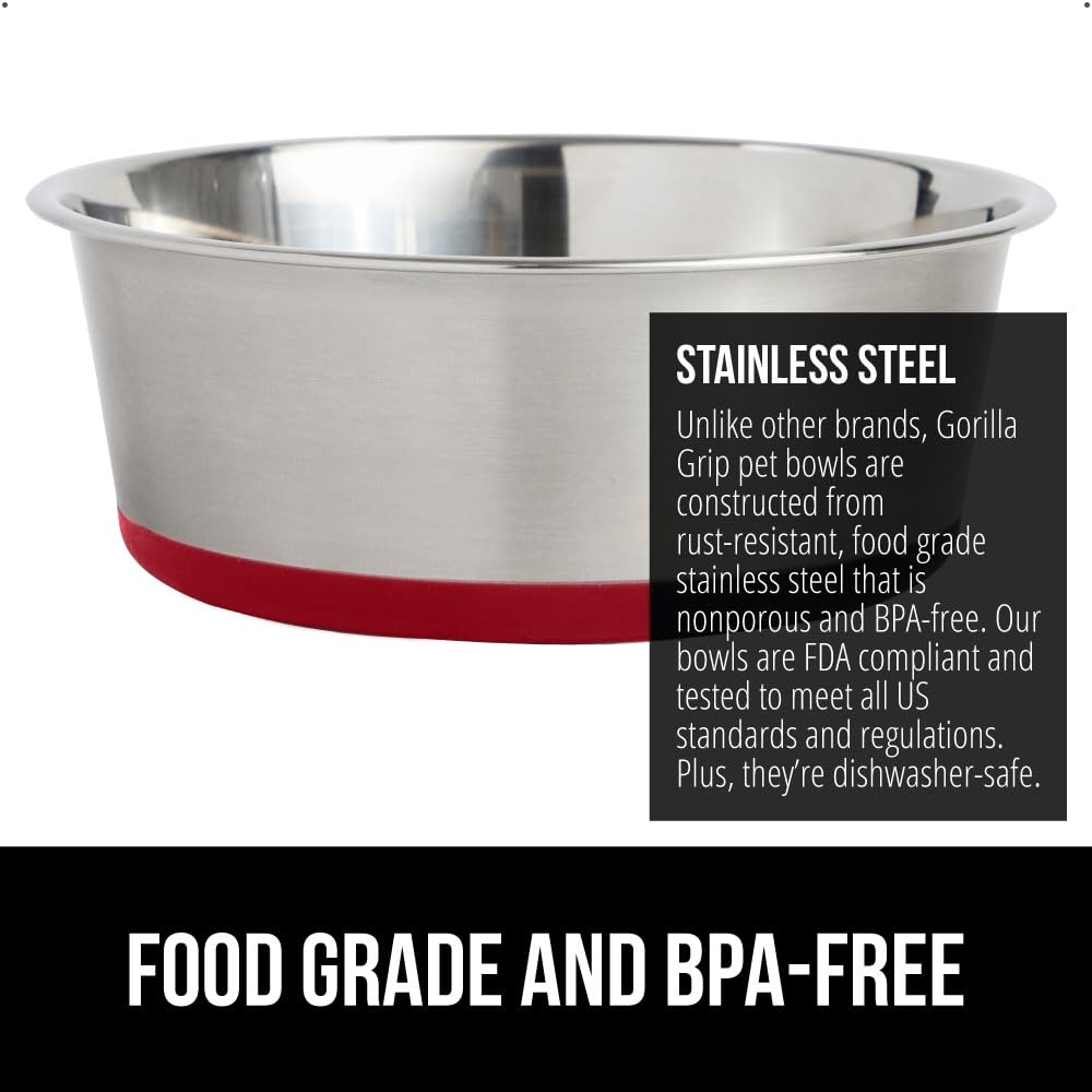 GORILLA GRIP Stainless Steel Metal Dog Bowl Set of 2, Rubber Base, Heavy Duty, Rust Resistant, Food Grade BPA Free, Less Sliding, Quiet Pet Bowls for Cats and Dogs, Holds 2 Cups (16 fl oz), Black