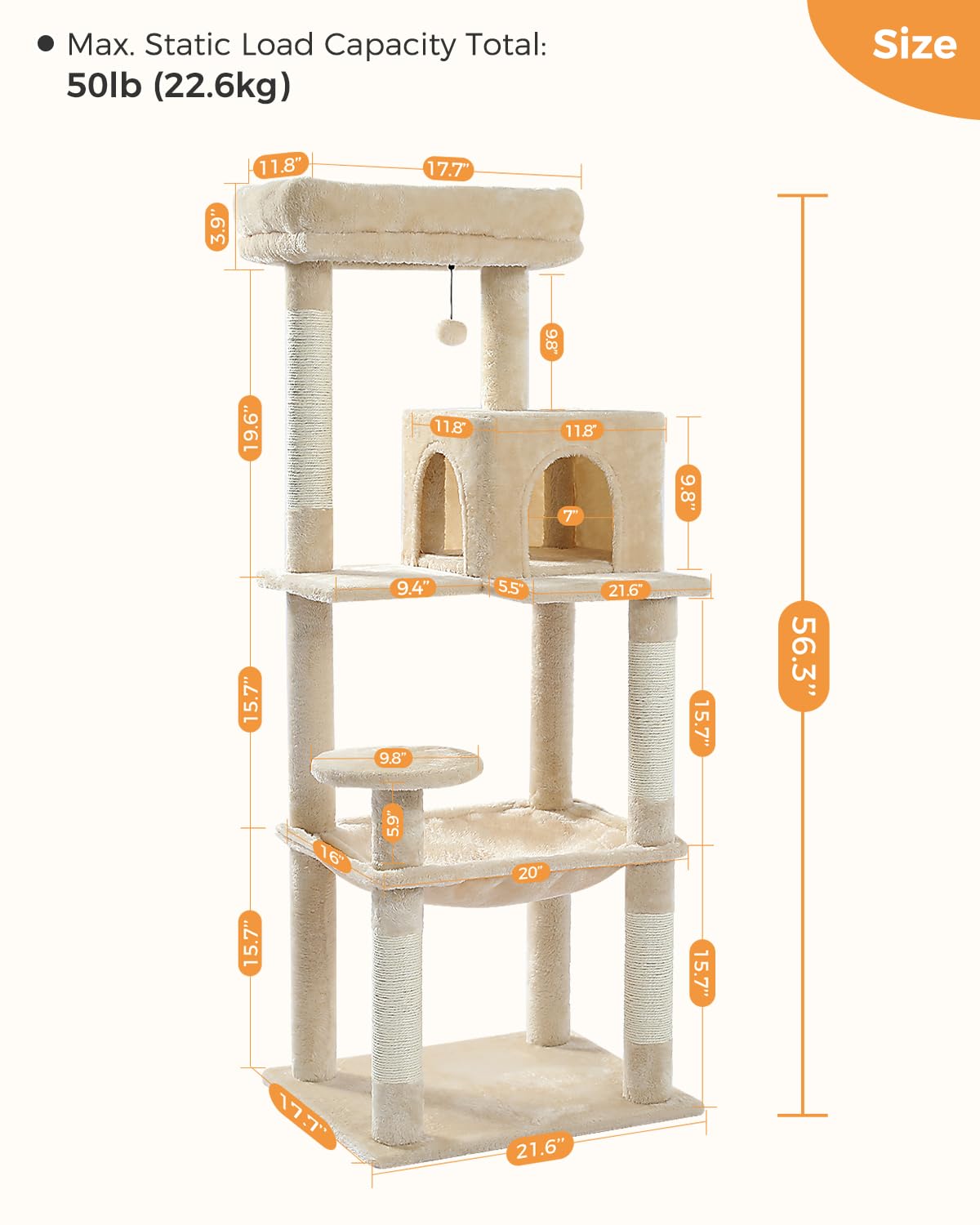 PEQULTI Cat Tree for Large Cats with Super Large Top Perch, [56.3"=143cm] Tower for Indoor Cats with Hammock and Sleeping Bag, Cat Shelves with Scratching Posts and 2 Condos Houses Grey