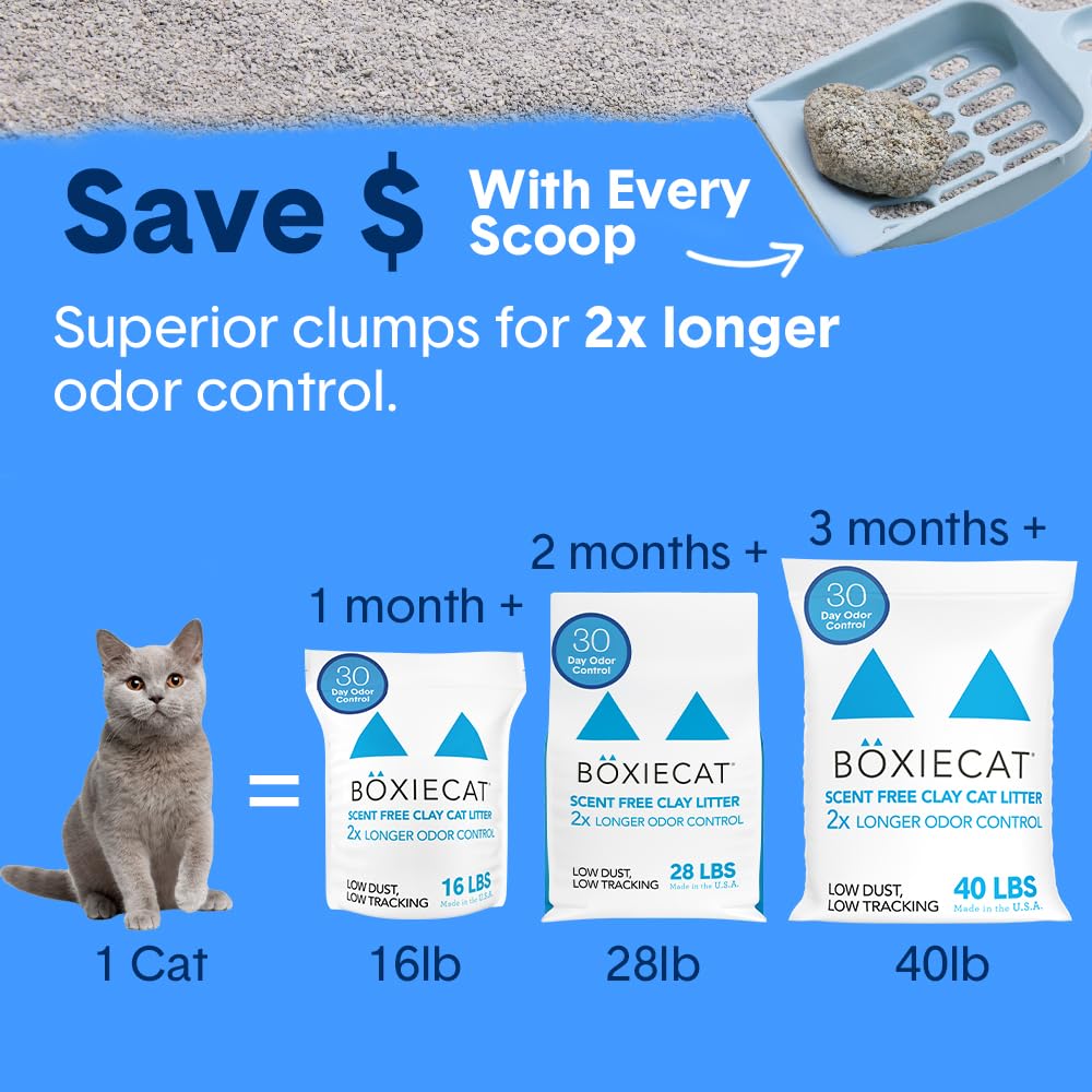 Boxie® Unscented 30 Day Odour Control Clumping Clay Cat & Kitty Litter 16 lb, 99.9% Dust-Free, Hard Flat Top® Clumps, No Fragrances No Fillers, Long-Lasting, Easy to Scoop