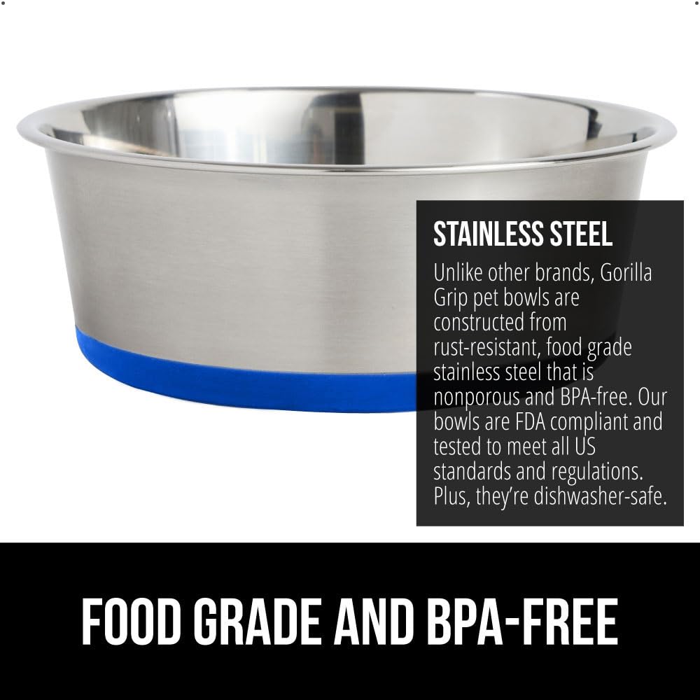 GORILLA GRIP Stainless Steel Metal Dog Bowl Set of 2, Rubber Base, Heavy Duty, Rust Resistant, Food Grade BPA Free, Less Sliding, Quiet Pet Bowls for Cats and Dogs, Holds 2 Cups (16 fl oz), Black