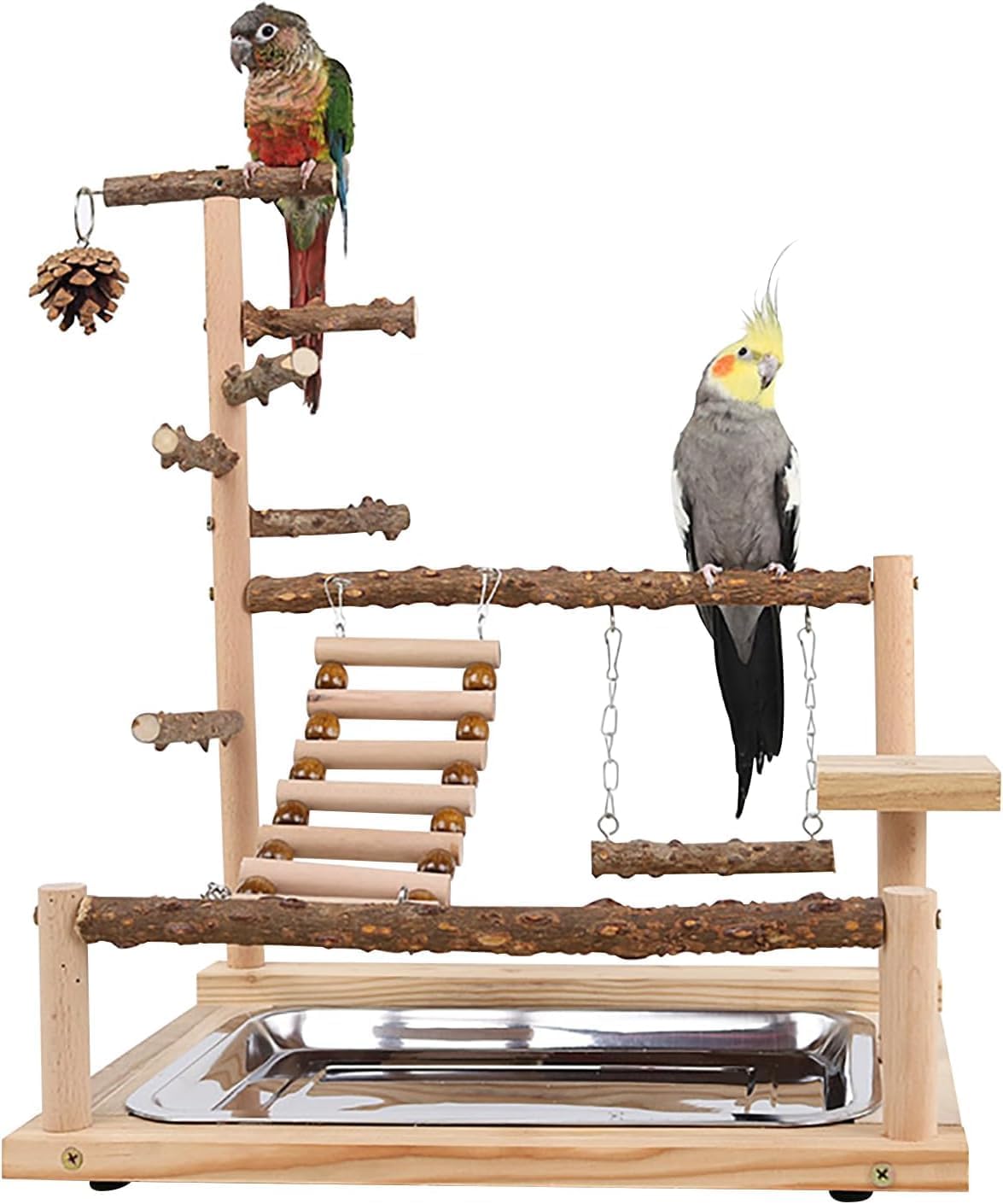 Parrots Bird Wooden Playstand, Birdcage Playground Play Gym, Birds Activity Stand Wood Perch Gym with Feeder Cup and Tray, Parrot Playstand Bird Perches for Pets Birds Play Furr-Reel