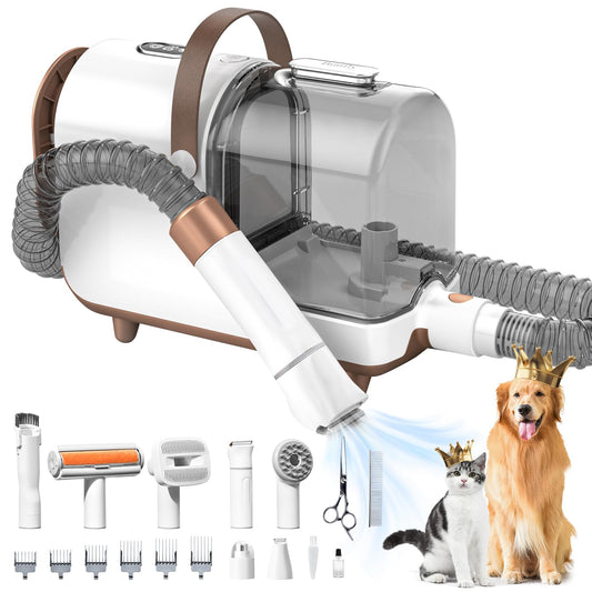 Bunfly Dog Grooming Kit & Dog Hair Vacuum - 13,000KPa Powerful Suction, 99% Pet Hair Removal, 3.5L Capacity, 16 Grooming Tools for Dogs, Cats & More, Home Cleaning - Brown