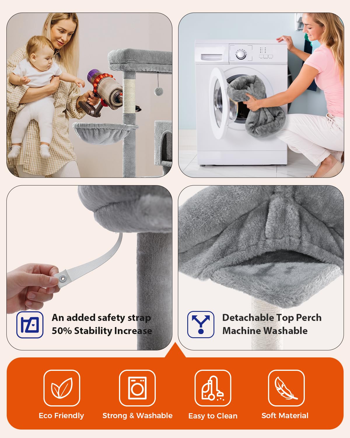 PEQULTI Cat Tree for Large Cats with Super Large Top Perch, [56.3"=143cm] Tower for Indoor Cats with Hammock and Sleeping Bag, Cat Shelves with Scratching Posts and 2 Condos Houses Grey