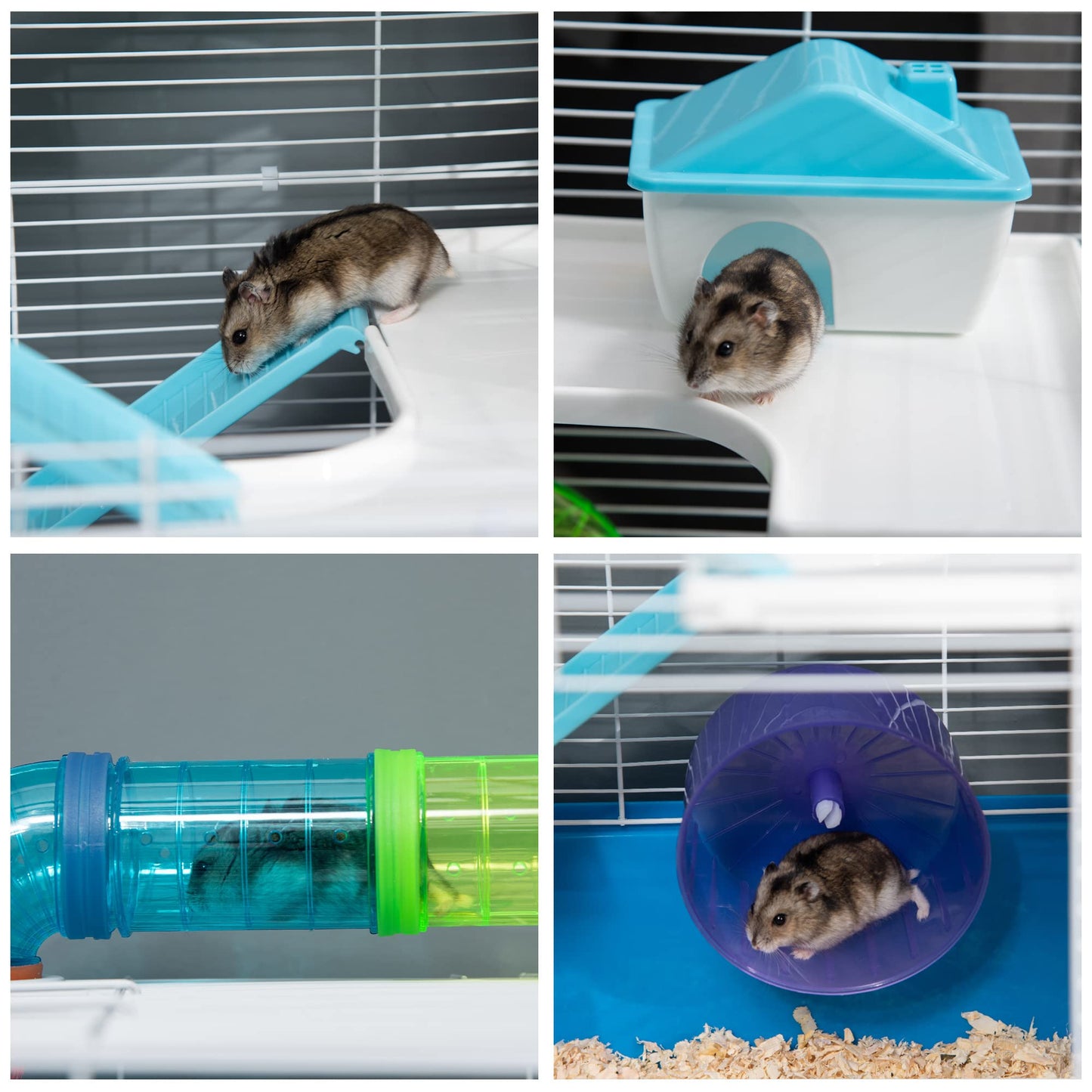 PawHut Hamster Cage, Small Animal House, 3-Level Guinea Pig Cage Gerbil Haven, Tunnel Tube System, with Water Bottle, Exercise Wheel, Food Dish, Ramps, Blue