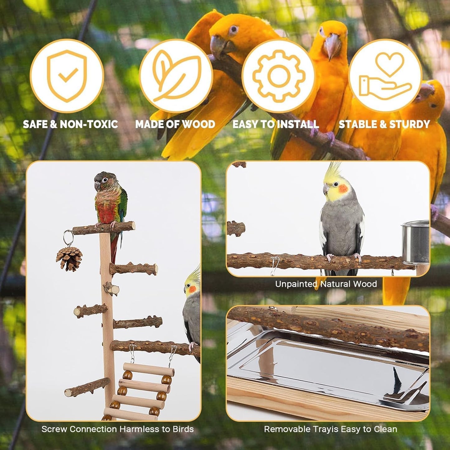 Parrots Bird Wooden Playstand, Birdcage Playground Play Gym, Birds Activity Stand Wood Perch Gym with Feeder Cup and Tray, Parrot Playstand Bird Perches for Pets Birds Play Furr-Reel