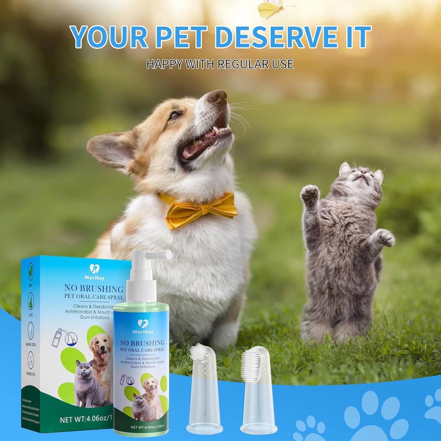 Morikey Pet Oral Spray Clean Gentle Bad Breath Treatment, Cleaning for Teeth, Gums and Oral Health Care for Your Dogs and Cats 2 Teeth Brushes Included 4.06 Fl Oz
