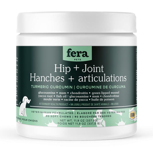 Fera Pets Hip + Joint Supplement for Dogs - Vet Created - Soft & Chewy Dog Joint Supplement - Glucosamine, Chondroitin, MSM– Chicken Flavor, 90 Chews