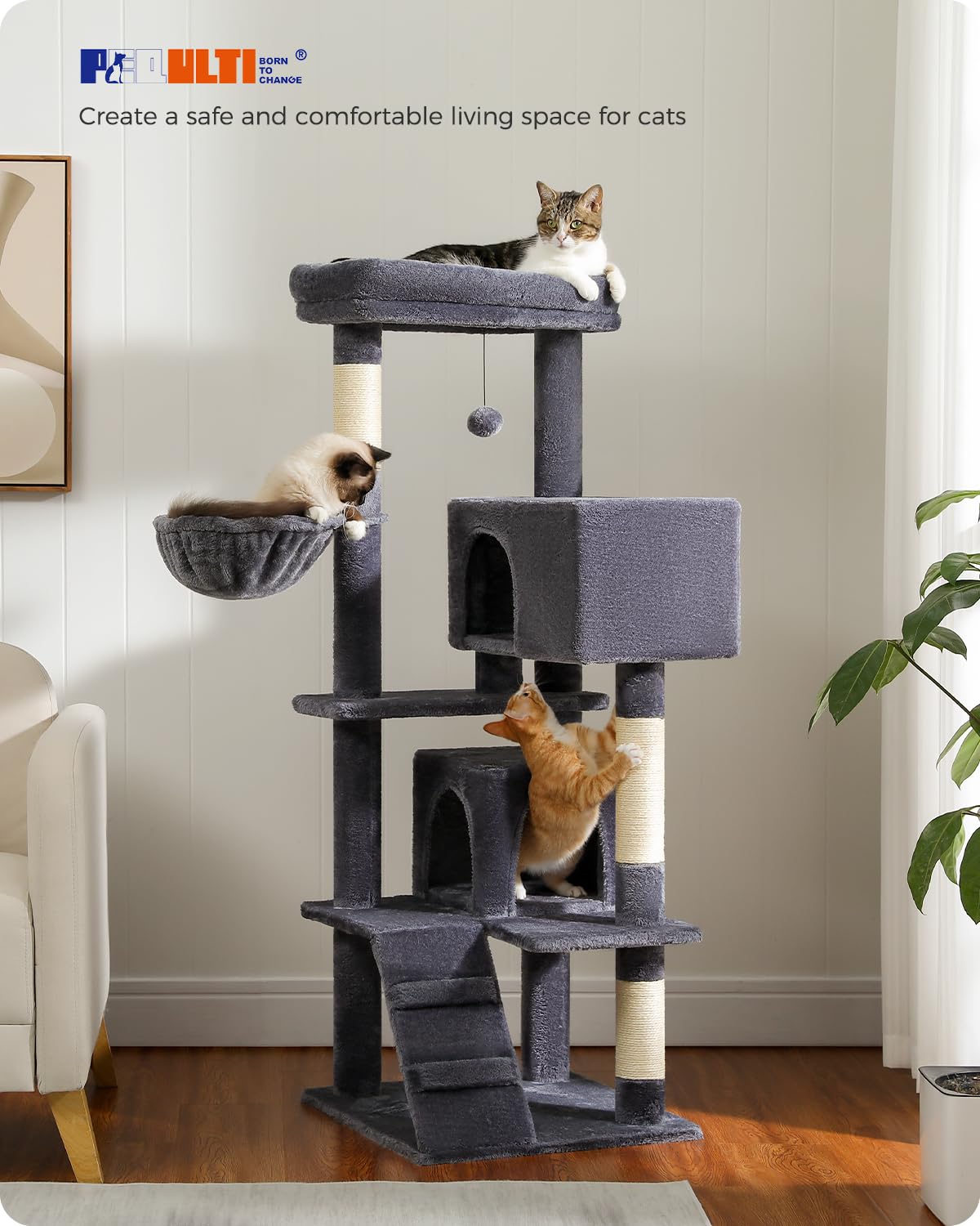 PEQULTI Cat Tree for Large Cats with Super Large Top Perch, [56.3"=143cm] Tower for Indoor Cats with Hammock and Sleeping Bag, Cat Shelves with Scratching Posts and 2 Condos Houses Grey