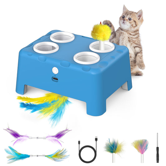 Bolpetizo Interactive Cat Toys, 2-in-1 Automatic Cat Toy, 4 Holes Mice Whack A Mole, Cat Mouse Toy with Chirping Bird Sound, Moving Feather, Portable USB Rechargeable Electronic Kitten Toy White Green