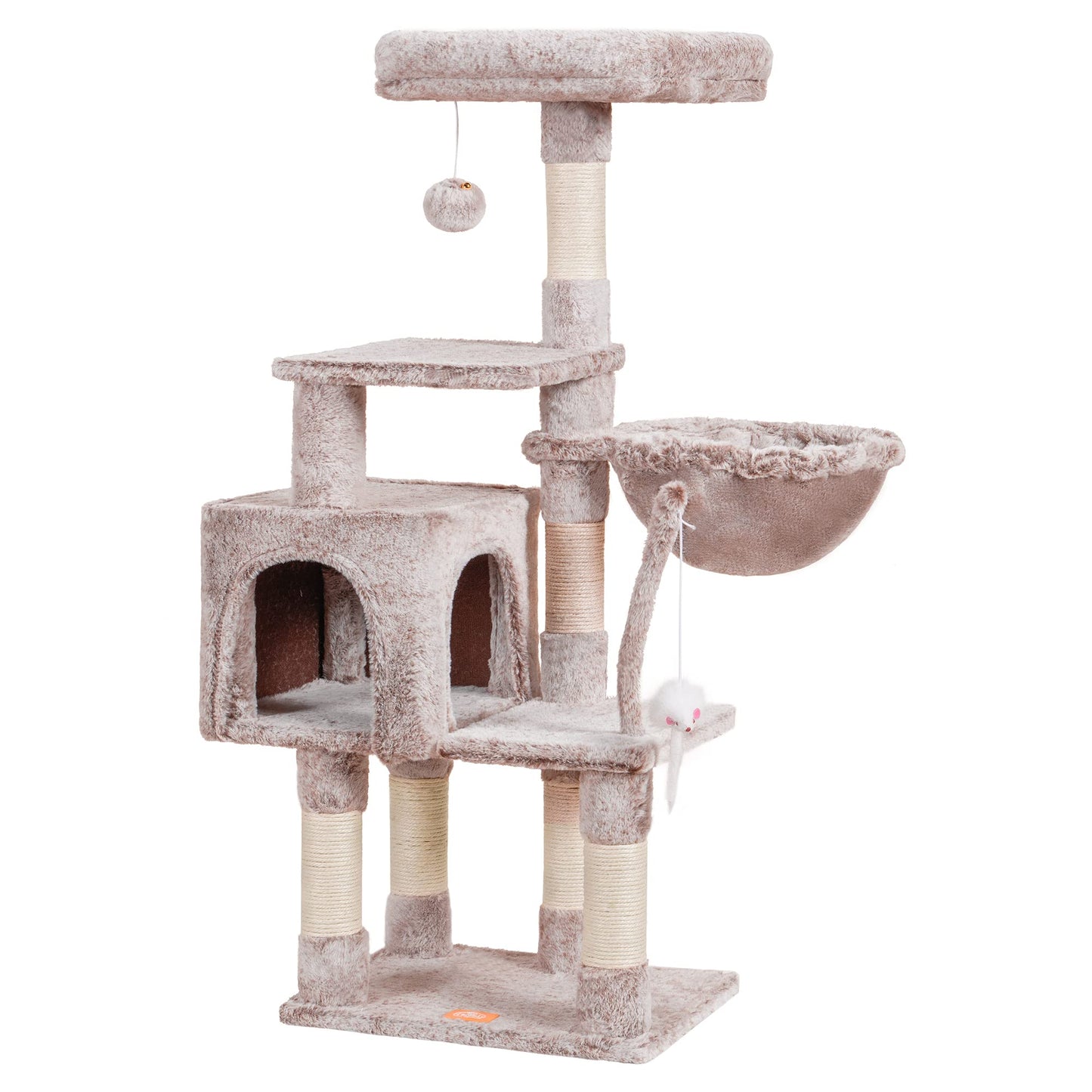 Heybly Cat Tree with Toy, Cat Tower condo for Indoor Cats, Cat House with Padded Plush Perch, Cozy Hammock and Sisal Scratching Posts, Light Gray HCT004SW