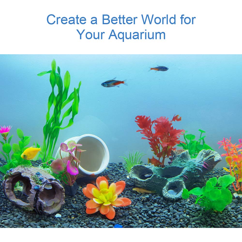 14 Pack Aquarium Aquatic Fish Tank Decorations Decor Set with Wood Cave, Tree Trunk Barrel Hideouts, Artificial Plastic Plants and Starfish Resin Ornament Fish Aquarium Accessories (Pink-Gift Box)