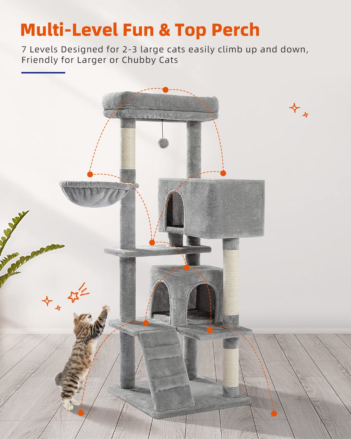 PEQULTI Cat Tree for Large Cats with Super Large Top Perch, [56.3"=143cm] Tower for Indoor Cats with Hammock and Sleeping Bag, Cat Shelves with Scratching Posts and 2 Condos Houses Grey