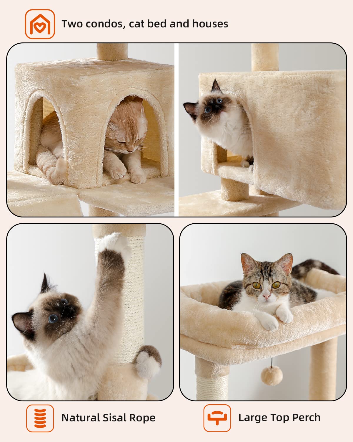 PEQULTI Cat Tree for Large Cats with Super Large Top Perch, [56.3"=143cm] Tower for Indoor Cats with Hammock and Sleeping Bag, Cat Shelves with Scratching Posts and 2 Condos Houses Grey