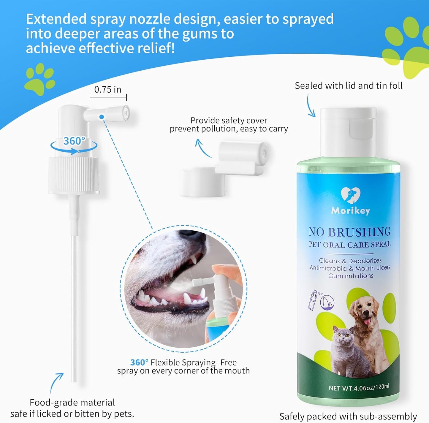 Morikey Pet Oral Spray Clean Gentle Bad Breath Treatment, Cleaning for Teeth, Gums and Oral Health Care for Your Dogs and Cats 2 Teeth Brushes Included 4.06 Fl Oz