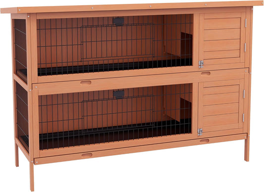 PawHut Grand clapier en bois à 2 étages avec portes verrouillables, bac anti-fuites et toit étanche pour extérieur/intérieur Orange 137,2 cm