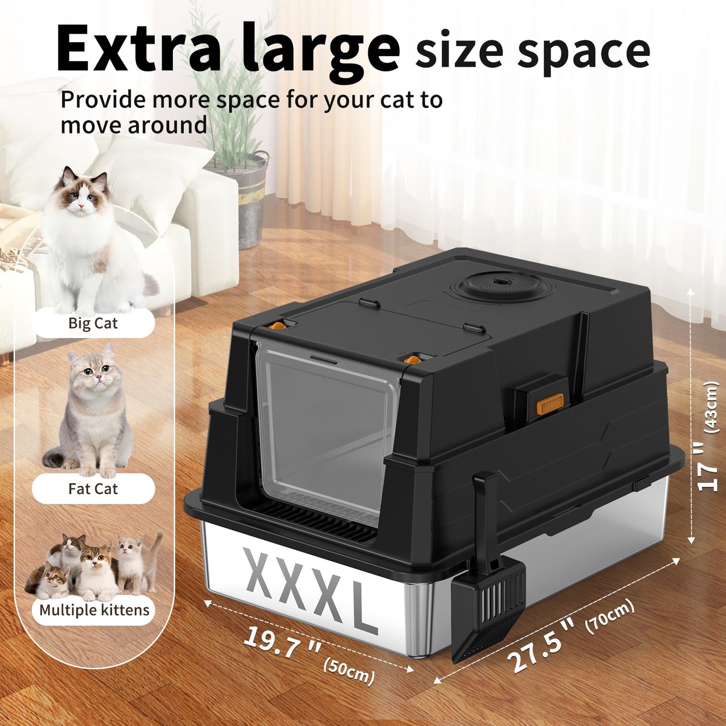 XXL Stainless Steel Litter Box,Extra Large Enclosed Litter Box,High Side Cat LitterBox for Large Cats and Multi-Cats,Non-Sticky,Anti-Leakage and Easy to Clean,Size:50x70x43cm