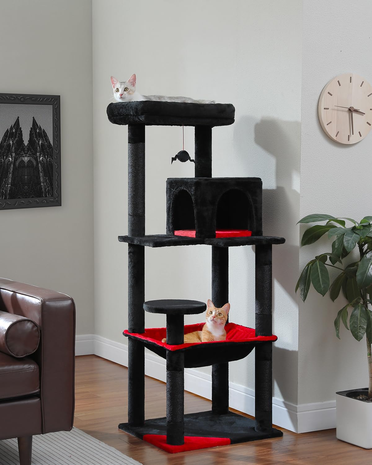 PEQULTI Cat Tree for Large Cats with Super Large Top Perch, [56.3"=143cm] Tower for Indoor Cats with Hammock and Sleeping Bag, Cat Shelves with Scratching Posts and 2 Condos Houses Grey