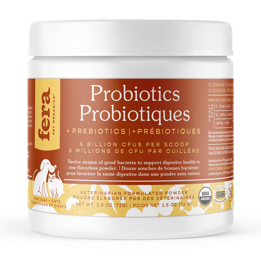 Fera Pets Organic Probiotics for Dogs & Cats - Cat & Dog Probiotic Supplement with 12 Strains & Prebiotics for Your Pet’s Digestion - 60 Scoops