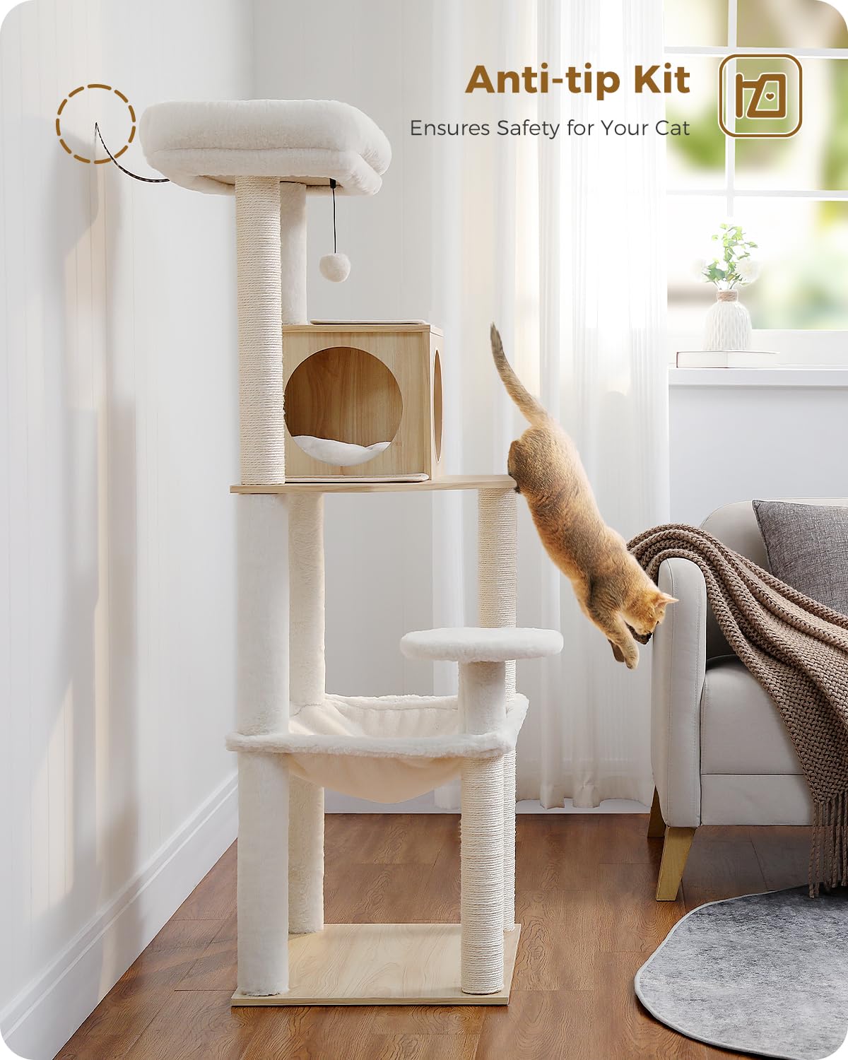 PEQULTI Cat Tree for Large Cats with Super Large Top Perch, [56.3"=143cm] Tower for Indoor Cats with Hammock and Sleeping Bag, Cat Shelves with Scratching Posts and 2 Condos Houses Grey