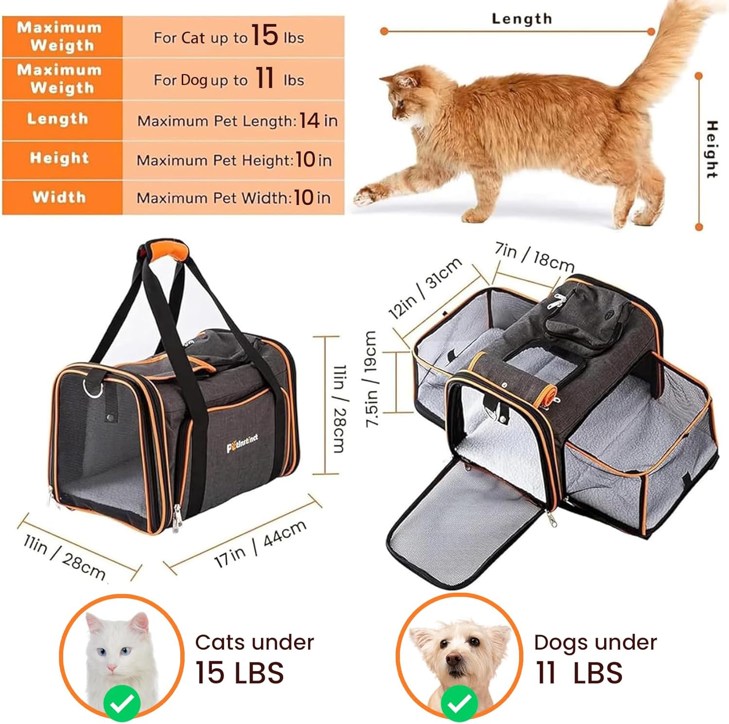 45x28x28cm Expandable Pet Carrier for Cats and Dogs up to 6kg, TSA Airline Approved, Alloy Accessory, Soft Sided Cat Carrier with Removable Wool Mat, Collapsible Travel Carrier for Cat Furr-Reel