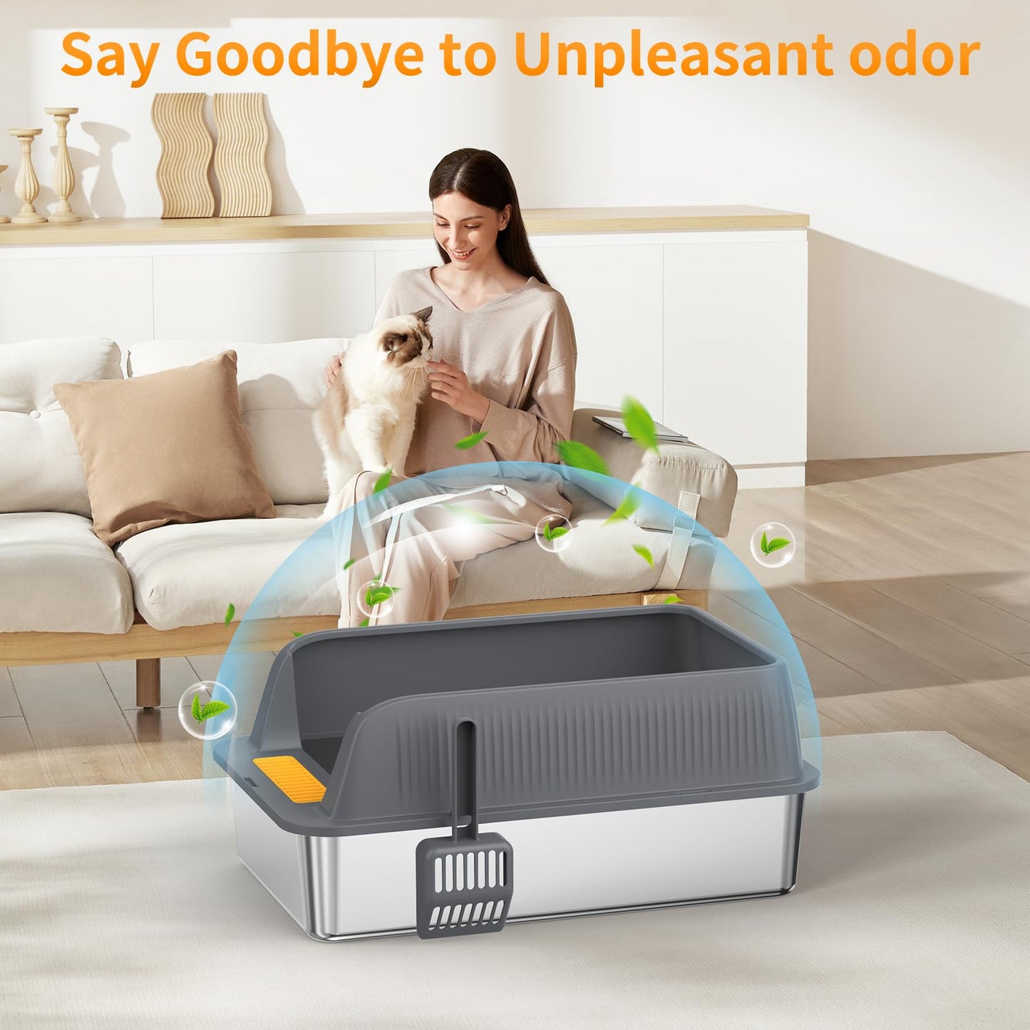 XXL Stainless Steel Litter Box,Extra Large Enclosed Litter Box,High Side Cat LitterBox for Large Cats and Multi-Cats,Non-Sticky,Anti-Leakage and Easy to Clean,Size:50x70x43cm